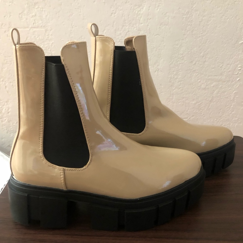Prettylittlething beige chunky heel ankle boots